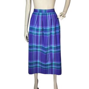 Vintage 60s Academia High-Waist Purple Green Plaid Check Long Midi Skirt